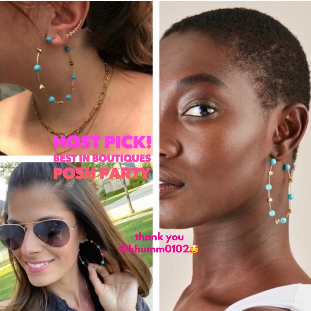 :: Stella & Dot | Retired Madison Hoops Gold+Turquoise Statement Earrings - Picture 3 of 6